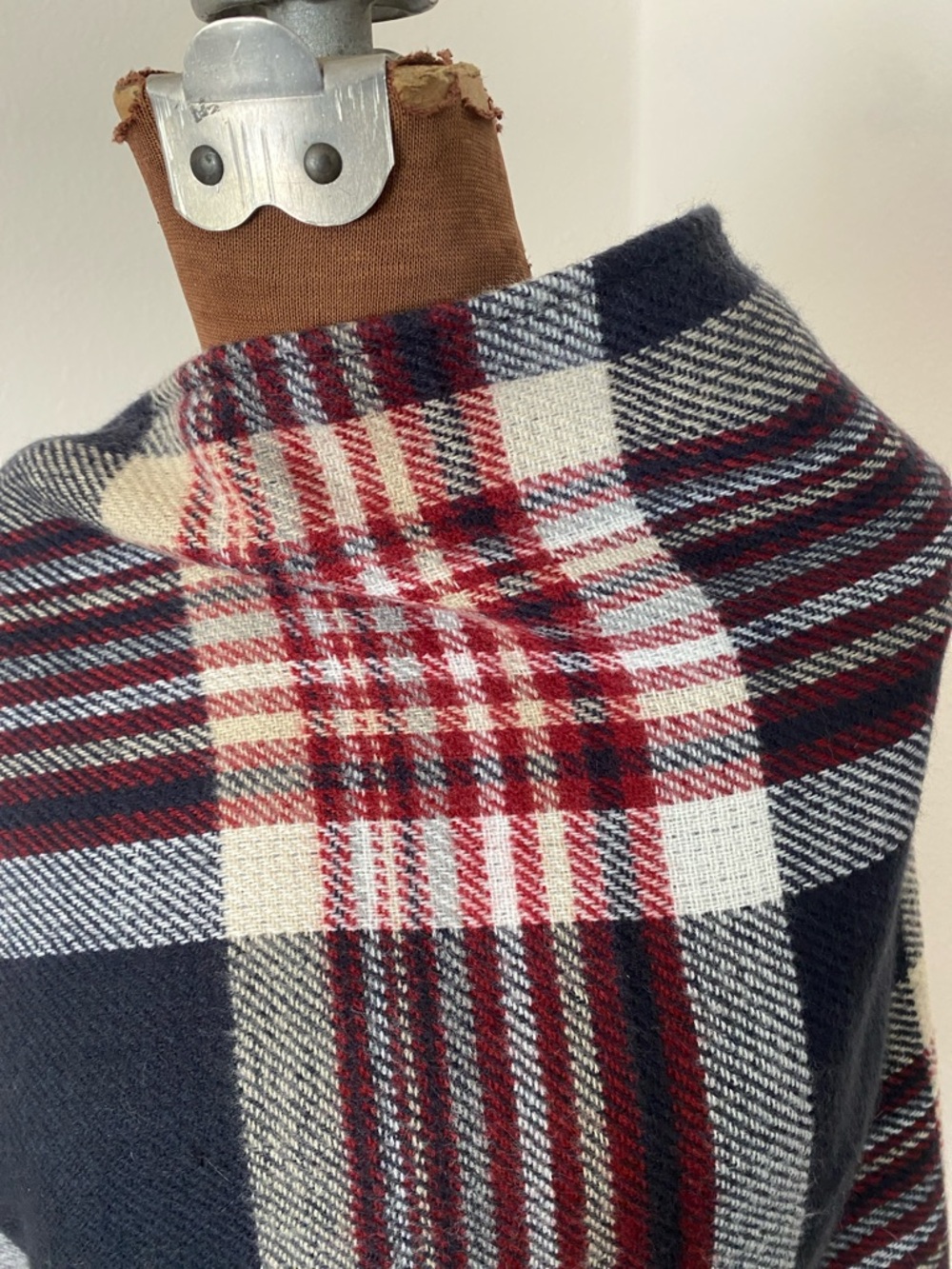 Plaid Fringe Poncho in Navy, Burgundy & Cream lightweight - Picture 2 of 2